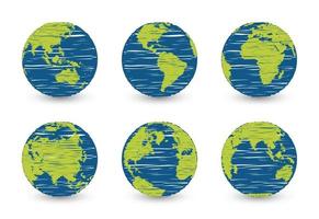 Set of planet earth. Set of earth globe. World maps flat design simple with scribble effect. Isolated premium vector
