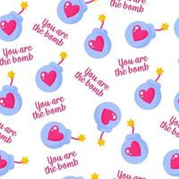 Seamless pattern of wick bomb with heart and inscription for the wedding or Valentine's Day. vector