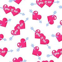 Seamless pattern of hearts with inscriptions and cupid arrows for the wedding or Valentine's Day. vector