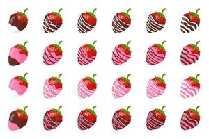 Set of glazed strawberries in chocolate for Valentine's Day vector