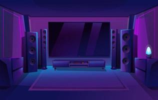 cine en casa con grandes altavoces de música. interior de la sala de juegos. apartamento de noche. gran pantalla de tv. ilustración vectorial. vector