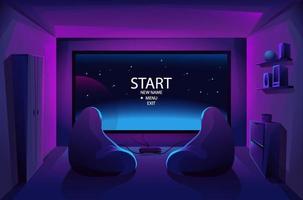 Game room interior. Night stream. Play video games on the console. Big TV screen . Two armchairs . Battle. Start. Vector illustration.