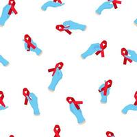 Vector cartoon seamless pattern with a doctor's hand in a blue glove holding a red ribbon. World AIDS Day.