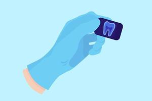 Vector cartoon hand of a dentist in a blue glove that hold a dental X-ray of a tooth for detection of diseases.