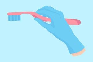 Vector cartoon hand of a dentist in a blue glove that hold a dental instrument manual toothbrush for oral care.