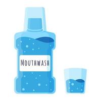 Vector cartoon illustration of mouthwash and glass isolated on white background.