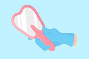 Vector de dibujos animados de la mano de un dentista en un guante azul que sostiene un espejo dental en forma de diente.