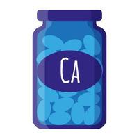 Vector cartoon illustration of jar of calcium tablets isolated on white background.