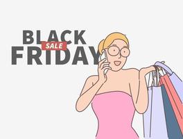 concepto de banner de viernes negro. hermosa chica con una bolsa de compras con un teléfono inteligente y sonriendo felizmente. estilo de línea fina dibujada a mano, ilustraciones vectoriales. vector