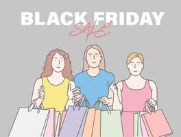 Black Friday banner concept. Joyful woman happy with purchases and discounts on Black Friday vector