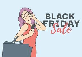 Black Friday banner concept. Beautiful girl is carrying a shopping bag and smiling happily, she spends via credit card. Hand drawn thin line style, vector illustrations.