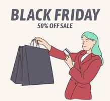 Black Friday banner concept. Beautiful girl is carrying a shopping bag and smiling happily, she spends via credit card. Hand drawn in thin line style, vector illustrations.