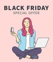 Black Friday banner concept. Beautiful girl is carrying a shopping bag and smiling happily, she spends via credit card. Hand drawn in thin line style, vector illustrations.