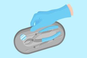 Vector cartoon hand of a dentist in a blue glove that hold a dental metal tray for storing instruments with a mirror etc