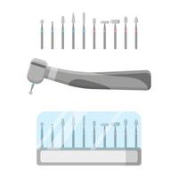 Vector cartoon illustration of dental drill with burs set isolated on white background.