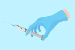 Vector cartoon hand of a dentist in a blue glove that hold a dental instrument syringe with medicine or anesthesia