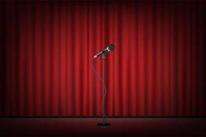 microphone stands on stage, red curtain background vector