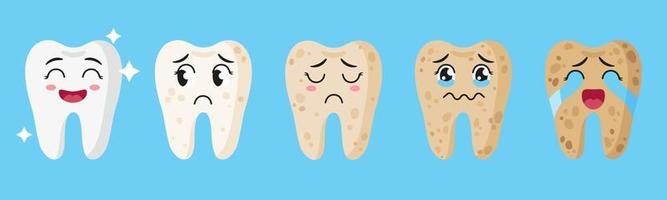 Conjunto de dibujos animados vectoriales de lindos personajes de dientes con diferentes emociones que muestran las etapas de blancura y salud de los dientes. vector