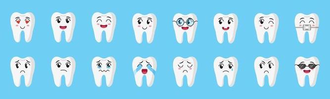Vector cartoon set of cute characters of teeth with different emotions happy, sad, crying, joyful, smiling, laughing