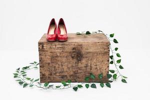 Red shoes with box on a white background photo