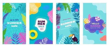 Summer Sale Social Media Stories background Banner Templates set with tropical leaves, plumeria, monstera, sand umbrella, toucan, pool floats, pool background. Template for for flyer, web and print. vector