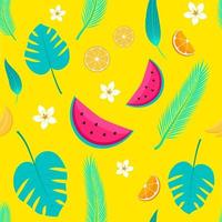 Tropical Fruits and palm Leafes Seamless Pattern, Summer Backgroundin Vector. Illustration of Watermelon, Oranges, Bannanas, Flowers and Leaves. Perfect for wallpapers, web page backgrounds, surface textures, textile.