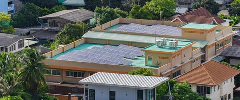 Aerial view of the solar cells on the roof photo