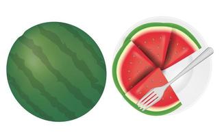 watermelon cut slices on a dish with fork vector