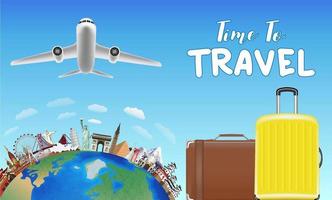 time to travel with bag and world travel objects vector