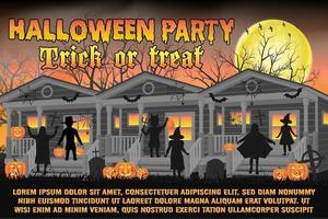 halloween party poster with kids in halloween costumes vector