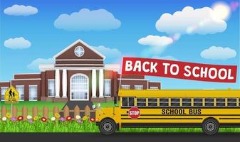 school bus and back to school flag front of school vector