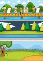 Set of different horizon scenes background with doodle kids cartoon character vector