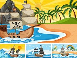 Set of Ocean with Pirate ship at different times scenes  in cartoon style vector