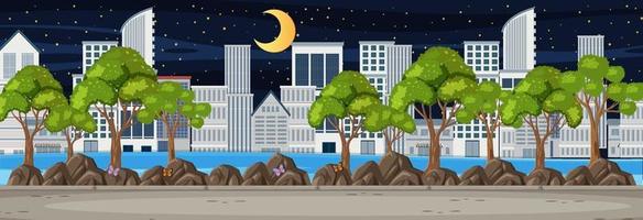 Park horizontal scene with cityscape background at night time vector