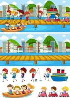 Set of different horizontal scenes background with doodle kids cartoon character vector