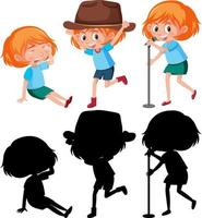 Set of a girl doing different activities with silhouette vector