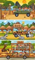 Set of different safari horizontal scenes with animals and kids cartoon character vector