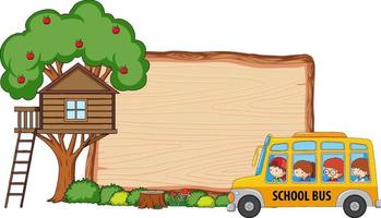 Empty wooden board with many kids on school bus isolated vector