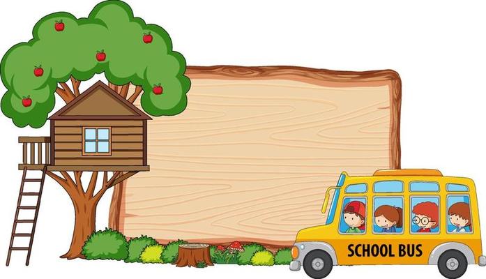 Empty wooden board with many kids on school bus isolated