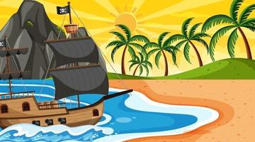 Océano con barco pirata en la escena del atardecer en estilo de dibujos animados vector