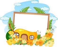 Empty banner with fantasy mango house and many flowers vector