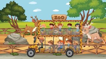 Safari at daytime scene with children in the tourist car vector