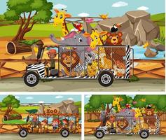 Different safari scenes with animals and kids cartoon character vector