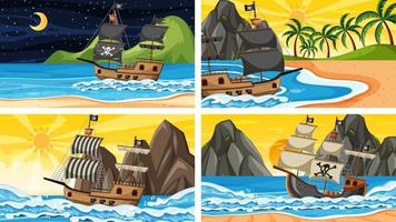 Set of Ocean with Pirate ship at different times scenes  in cartoon style vector