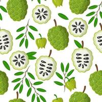 Vector cartoon seamless pattern with Annona muricata exotic fruits, flowers and leafs on white background