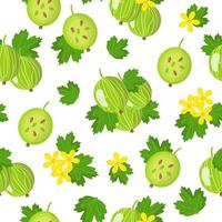 Vector cartoon seamless pattern with Ribes uva-crispa or gooseberry exotic fruits, flowers and leafs on white background