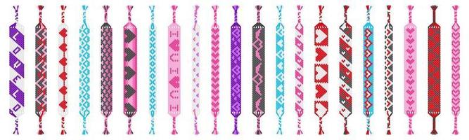 Vector set of colored handmade hippie friendship bracelets of threads isolated on white background. Valentine's day