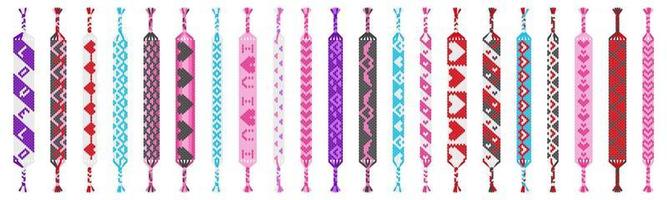 Vector set of colored handmade hippie friendship bracelets of threads isolated on white background. Valentine's day