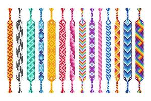 Vector set of multi-colored handmade hippie friendship bracelets of threads isolated on white background.