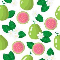 Vector cartoon seamless pattern with Psidium or Guava exotic fruits, flowers and leafs on white background